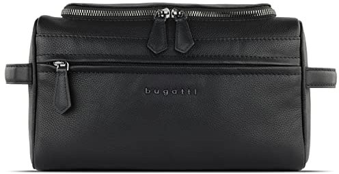 bugatti Bella Kulturbeutel aus echtem Leder, Toilettentasche für den Urlaub in schwarz