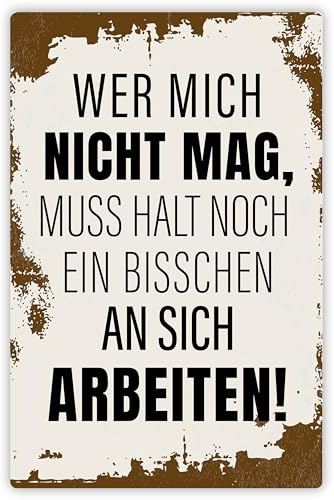 Lustiges Metallschild „Wer mich nicht mag, muss halt noch ein bisschen an sich arbeiten!“ - mit Aufhängesystem ca. 20x30,5 cm - Witziges Geschenk Garten Terrasse Balkon