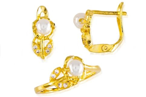 Minoplata Juego Pendientes y Anillo flor de Plata chapada en Oro con Perlas cultivadas y Circonitas para niña