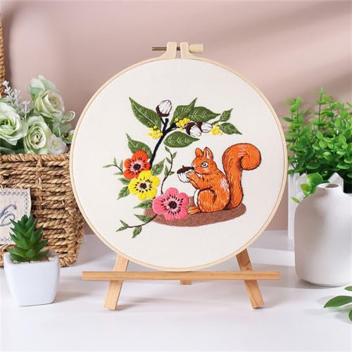Meecaa Eichhörnchen Blume Tier Tannenzapfen Stickset Starterset Handstickerei Set Muster gedruckt Kreuzstich Set für Anfänger Erwachsene mit Stickrahmen und Anleitung (Eichhörnchen)