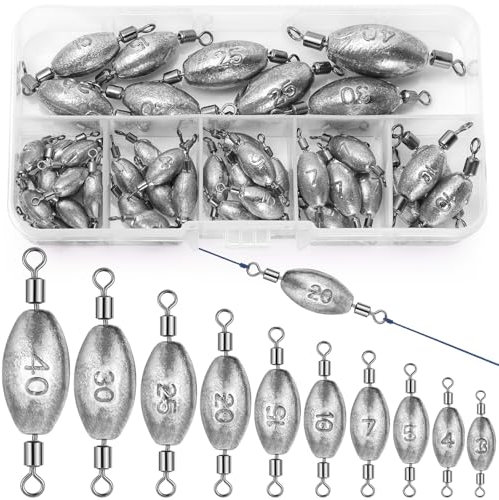Annyswit 25/45 Pièces Plombs en Forme d'Olive avec Emerillon de Pêche Truite Set 6/10 Tailles Anneaux Solides Poids de Pêche 3g 4g 5g 7g 8g 10g 15g 20g 25g 30g 40g Plombs en Forme de Poire Sinker (25)