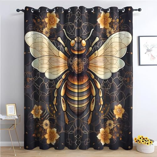 EXSANLIEAY Verdunklungsvorhänge Biene, Vorhang Blickdicht Blume Vorhänge mit öSen 2er Set für Schlafzimmer Kinderzimmer, Deko Gardinen Wohnzimmer-260 x 140 cm (H X B)