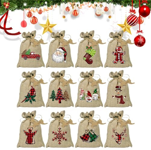 24 Stück Weihnachts Jutebeutel Süßigkeiten-Geschenkbeutel mit Weihnachtsmann-Muster mit Kordelzug Weihnachts-Sack aus Sackleinen für Snacks Süßigkeiten Weihnachtsgeschenke Partys (D)