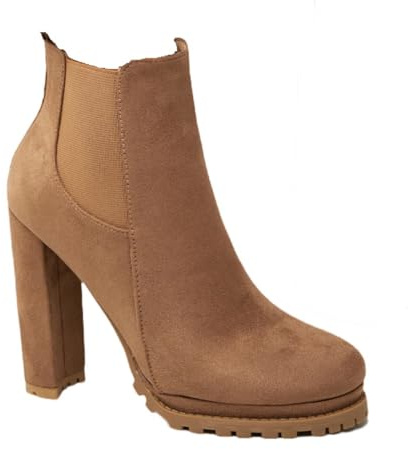 Hykytyhk Botines de tacón ancho grueso para mujer, botas Chelsea de gamuza con cremalleras laterales