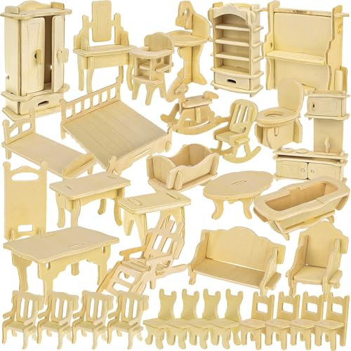 Puppenhaus Möbel Set Personalisierbar 34-teilig Küche Bad Wohnzimmer Schlafzimmer Kinderzimmer DIY 3D-Puzzle Bastelset Holz 23542