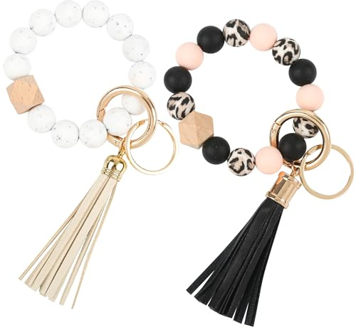 SUPECHUNYI 2 Stück Schlüsselanhänger Auto Damen Schlüsselanhänger Armband Perlen Band Makramee Schlüsselband Kurz Schlüsselbänder Keychain Geschenk für Mädchen Mama und Frauen