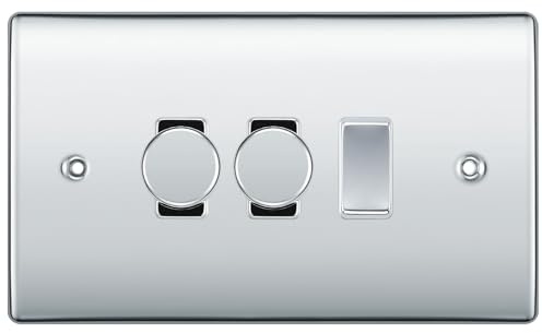 BG Polished Chrome 3 Gang Grid Switch 2x Trailing Edge LED Dimmer 1x 1 or 2 Way