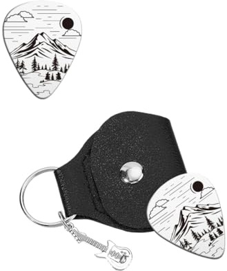 UNICRAFTALE 1 Stück Gitarrenplektren Geschenk Edelstahl Gitarrenplektren Einfache Peak Personalisiertes Plektrum Mit PU Lederhülle Berggitarren Zubehör Für Musiker Naturliebhaber