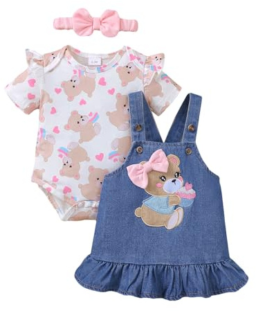 UUAISSO Vestiti per neonati Bambina Cuore Stampa Manica Corta Tutina Bretelle Gonna Orso Vestito Fiocco Fascia 0-18 Mesi Fiori rosa 12-18 mesi