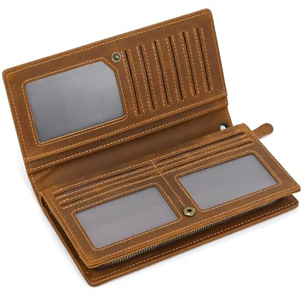LUUFAN Portafoglio lungo bi-fold in vera pelle per uomo Pochette vintage a cerniera di grande capacità con finestra ID Portafoglio a più scomparti con tasca per monete