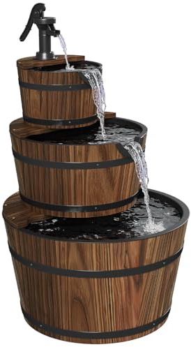 Aoxun 3-Tier Outdoor Water Fountain, Wood Barrel Cascading with Electric Decorative Hand Pump, Rustic Waterfall Fountain for Garden, Backyard, Patio, Porch, Yard