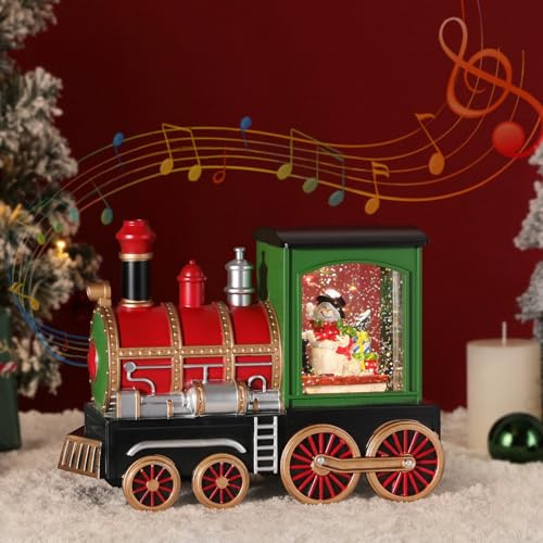 Lewondr Bola de Nieve Musical Navidad, Tren y Muñeco de Nieve Brillo Remolinoso Agua, Globo con Temporizador 6 Horas, Decoración para Navidad Hoildays Año Nuevo