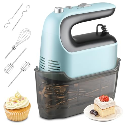 Panana Hand Mixer Electric Whisk, 5 Self Control Speed with Turbo Button, Food Kitchen Mixer with 5 Stainless Steel Accessories for Baking, Dough, Bread, Eggs, Cream, Snap-on Storage Case (Blue)