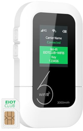 EIOTCLUB Mobiler 4G LTE WLAN Router mit SIM-Karte ohne Vertrag, 1GB Startguthaben, 3000mAh Akku (12h), bis zu 10 Geräte, WPA3, Europa & Globales Roaming, Pocket WiFi für Roadtrips, Reisen, Camping
