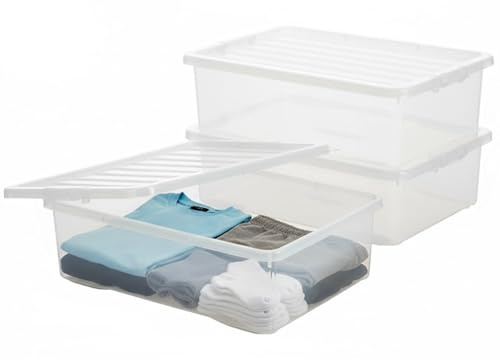 ALEEZ - 3 Pack 32L Underbed Storage Box With Lid, Nestable Stackable Plastic Clothes Organizer, Clear Plastic Boxes For Shoes, Beddings, Easy Fit Transparent Container Box, 32 Litre - Pack Of 3