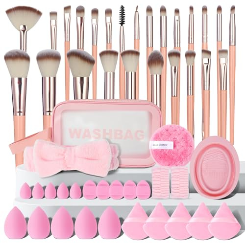 LOPHE Pinceaux Maquillage 51 Pièces, Set Professionnel Complet avec Éponges, Houppettes, Outils Nettoyage, Trousse de Rangement, Brosse Fond de Teint Poudre Blush Yeux, Rose