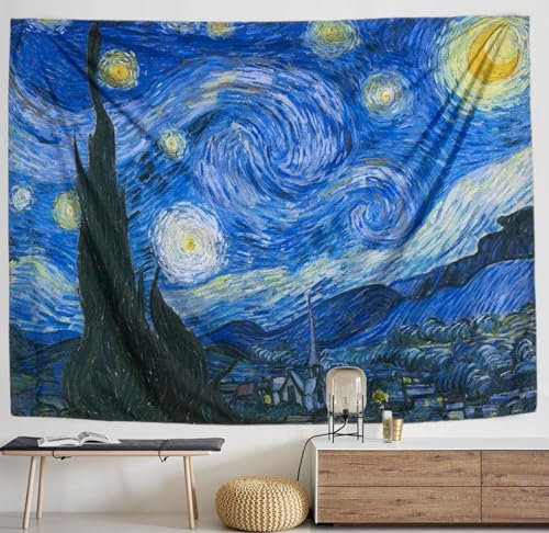 IcosaMro Arazzo da appendere alla parete, motivo: notte stellata, arazzo da parete Van Gogh, 152 x 200 cm, orli doppi piegati, tovaglia per coperta a stella, per camera da letto, dormitorio,