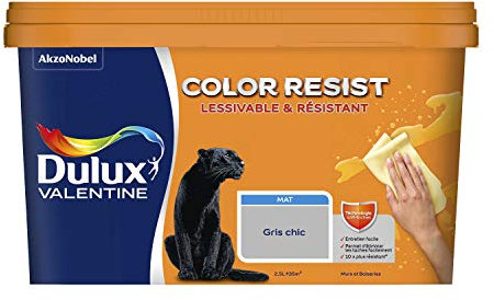 Dulux Valentine Color Resist Pièces à Vivre - Peinture Intérieure Murs, Plafonds, Boiseries - Lessivable et Résistante - Couleur : Gris Chic - 2,5 L - 5351565