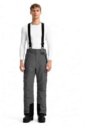 wantdo Men's Winter Ski Pants Warm Insulated Snow Bib Overalls Outdoor Waterproof Snow Pants Grey Medium
