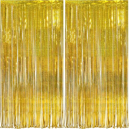 MALANKU Fransenvorhang, goldfarben, Metallic-Folie, 2 Stück, 1 x 2,5 m, Lametta, Türdekoration, Wanddekorationen für Geburtstag, Abschlussfeier, Junggesellinnenabschied, Babyparty, Party