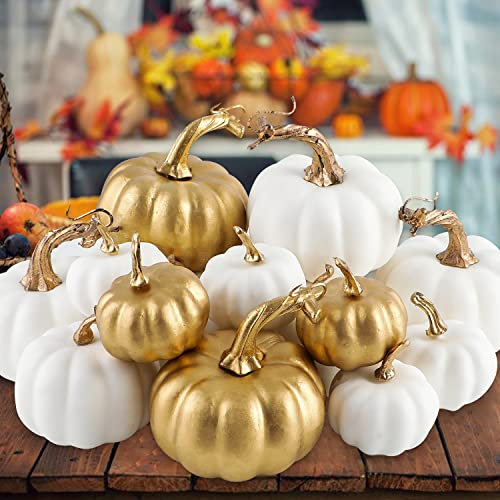 Benjia Lot de 16 Décoration de Citrouille Extérieure Automne, Artificielle Grandes citrouilles en Or Blanc pour la fête de la récolte d'automne Thanksgiving Halloween Décoration