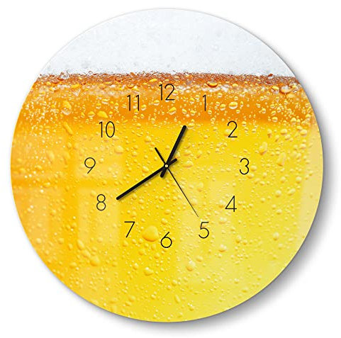 DEQORI Glasuhr | rund Ø 50 cm | Motiv Bier mit Schaumkrone | große XXL Design Uhr aus Glas | leise Wanduhr für Wohnzimmer & Küche | moderne Hingucker Uhr für die Wand