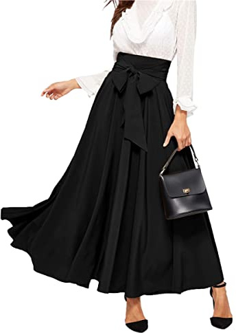 Minetom Damen Sommer Hohe Taille Maxirock Langer A-Linie Swing Rock Bogen Chiffonrock Einfarbige Faltenrock Maxi Skirt A Schwarz M