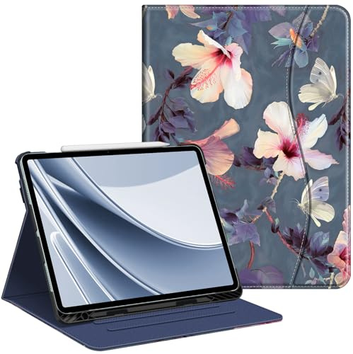 Fintie Fodral för iPad Air 13 tum (M3) 2025, (M2) 2024 med pennhållare, multivinkel observation folio stativ skyddsfodral med dokumentslits för iPad Air 13 tum, hibiskus