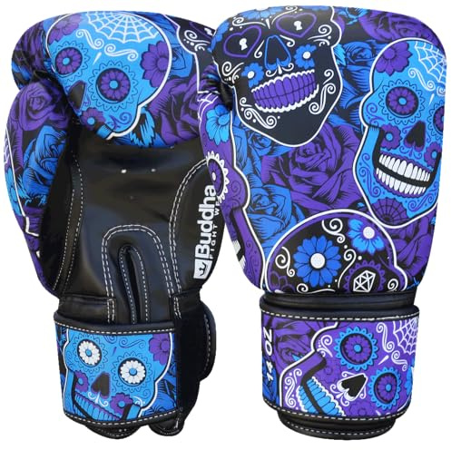 BUDDHA FIGHT WEAR Fantasy Luzbel Gants de boxe Muay Thai Kick Boxing Cuir synthétique Tissu intérieur résistant aux odeurs Couture renforcée Plusieurs motifs Violet 400 ml