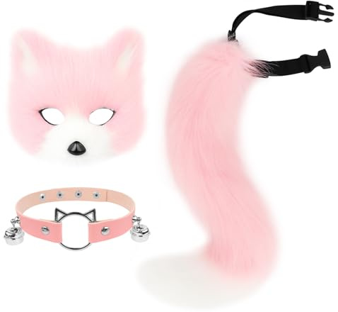 hbbhml fuskpäls räv mask varg katt fluffig svans och läder halsband set halloween fest kostym tillbehör, Rosa-vit, En Storlek