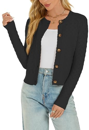 Enjyam Dam virkad stickad knapp cardigan långärmad rund hals Bolero tröja toppar för vår höst, Klassisk svart, XL