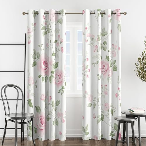 SZLYZM Pink Rose Blackout Curtains for Bedroom living Room, Floral Flower Green Leaf Curtains 66x72, 72 Drop Curtains 2 Panels Set, Thermal Eyelet Drapes Patterned Decorative Window Treatments
