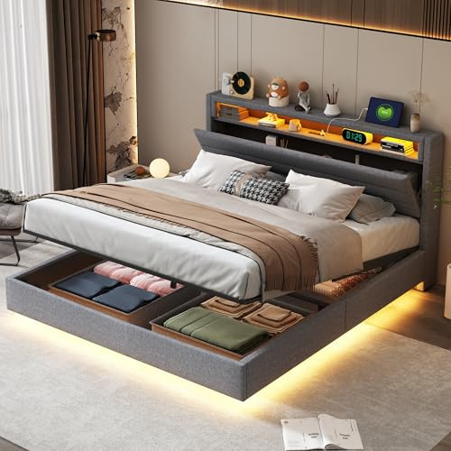 LAKFEW Polsterbett 160x200 cm, Doppelbett Funktionsbett mit USB-Steckdose und LED-Beleuchtung, Hängebett Kopfteil mit Verdeckter Stauraum, Bettgestell Bett mit Lattenrost, Leinen, Ohne Matratze, Grau
