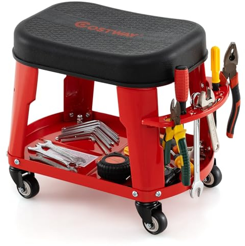 COSTWAY Rolling Mechanic Stool, Creeper Stool Trolley with Tool Tray, Tool Holder, Detachable Seat and 4 Universal Casters, 136kg Capacity Heavy Duty Garage Workshop Seat Chair (Red)