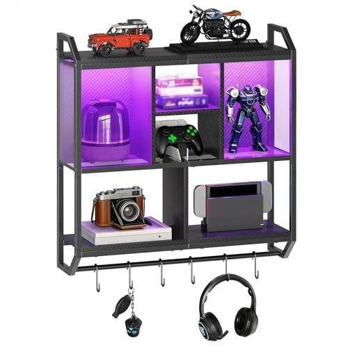 HOOBRO Gaming Floating Shelves with LED Lights, 28.7 LED Wall Mounted Shelf, 3-Tier Display Rack for Wall Storage, Floating Rack with Hanging Rod and 6 S-Hooks, for Gaming Room, Black BB70DBJ01