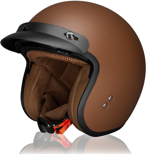 Casco Moto Jet Casco de Moto Vintage Casco Open Face Scooter Ciclomotore con Doble Visera Homologado ECE (Frozen Brown, L)