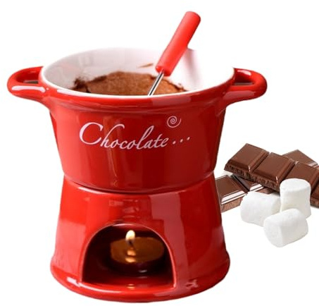 Kawiithn Service à Fondue au Chocolat en Céramique avec Fourchettes, 330ml Tasse à Fondue au Chocolat pour Bougie Chauffe-Plat, Fromage, Dîner de, Dessert, (Bougies Non Incluses)