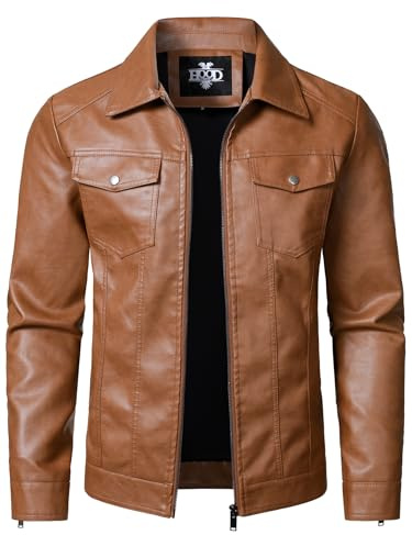 HOOD CREW Mens Leather Jacket Motorcycle Biker Jackets Casual Lightweight Faux Leather Outwear Light Brown XL