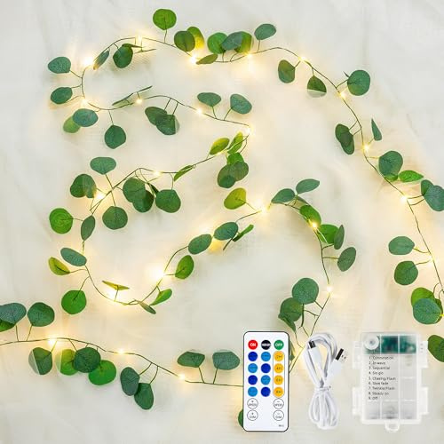 Pellimo Eucalyptus Garland with 40 LED Fairy Lights – Lighted Greenery Vine with Remote & Timer, Dual Power (USB/Battery), IP44 for Cozy Home, Mantel, Wedding & Spring Summer Decor