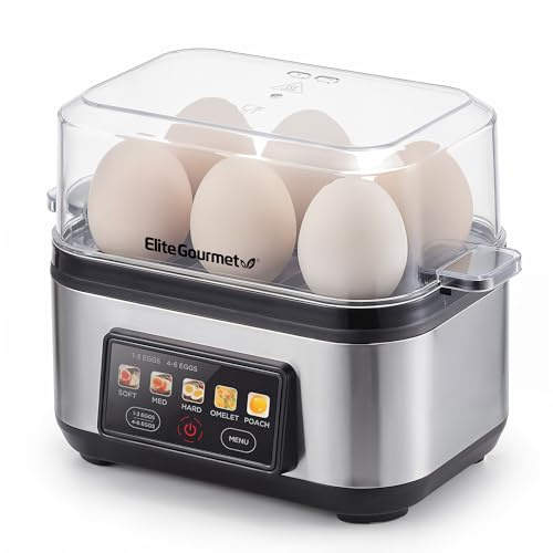 Elite Gourmet 6-Egg Digital Egg Cooker, Steel Plate, One-Touch Display