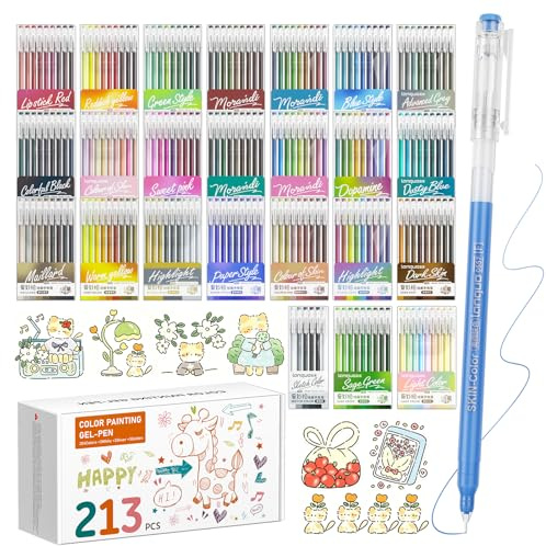 TrendGate 213 Stylos Gel Acrylique, Pointe Fine 0,6 mm Gel Pen | 207 Couleurs (204 + 3 Blanc / 3 Argent / 3 Or), Feutres Gel Coloriage Adulte, Dessin, Écriture, Journaling, Multi-surface