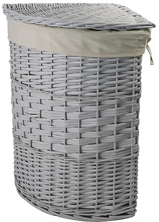 Lidded Grey Wicker Corner Linen Laundry Basket with Cotton Liner