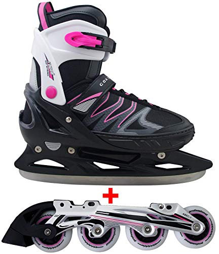 Cox Swain Joy 2in1 größenverstellbare Kinder Inline Skates und Schlittschuhe mit Alu Rollenschiene und PU Leuchtrollen sowie ABEC 7 Kugellagern, Colour: Schwarz/Pink, XS (29-32)