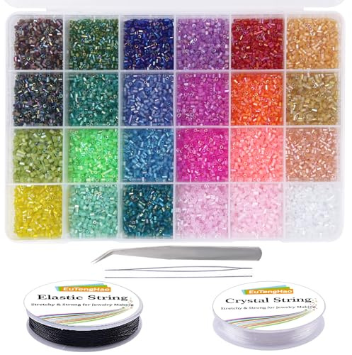 EuTengHao Set med 14400 st rörformade glaspärlor små distanspärlor för gör-det-själv armband, halsband hantverk smyckestillverkning med 24 färger kristalltråd, 24 färger