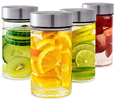 Botellas de jugo – Paquete de 4 botellas de vidrio de boca ancha con tapas – para zumos, batidos, agua infundida, almacenamiento de bebidas – 10 onzas, sin BPA, tapas de acero inoxidable, a prueba de