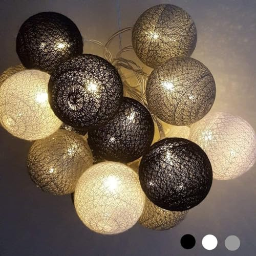 Ciskotu 3.8M lichterkette Innen, 20 LEDs Lichterketten Kinderzimmer Lampions, Kugeln Lichterkette schlafzimmer mit Stecker Cotton Ball für Weihnachten Party Garten Terrasse (Grau, Batteries)