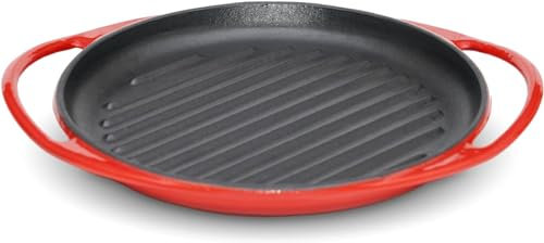 lätt Home Bistecchiera Antiaderente in Ghisa Smaltata. Padella Grill Rossa Rotonda 26cm. Piastra per Piano Cottura Induzione Elettrico, Gas e Forno. Ideale per grigliare Carne, Pesce e Verdure