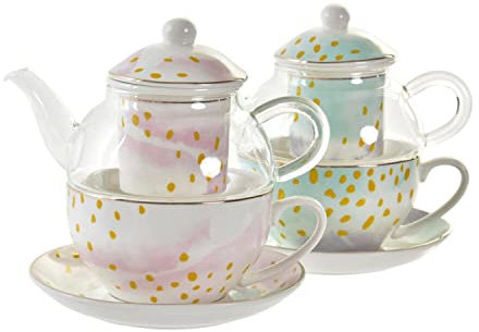 Tetera DKD Home Decor Cristal Porcelana Rosa Transparente Blanco Verde (2 Unidades)