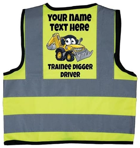 Acce Products Personalised Trainee Digger Driver Colour Excavator Baby Children Kids Hi Vis Safety Jacket Vest Size 4-6 Years Yellow Optional Text To Front