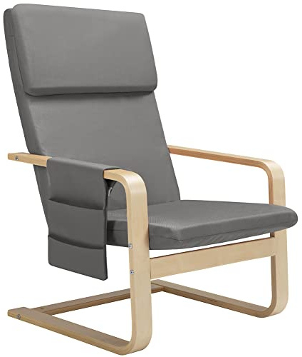 BAKAJI Sillón de Madera de Abedul con Revestimiento de algodón Acolchado de Esponja de altísima Densidad, sillón Relax con Bolsa de 2 Compartimentos y cojín, Asiento ergonómico (Gris)